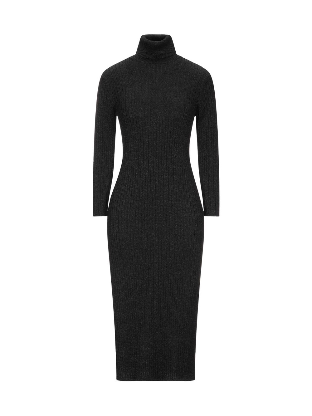 Slim Fit Black Ribbed Turtleneck Midi Dress